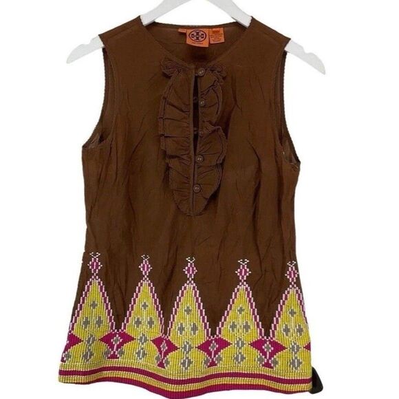 Tory Burch Embellished Tunic Womens Size 10 Brown Yellow Ruffles - Picture 1 of 5